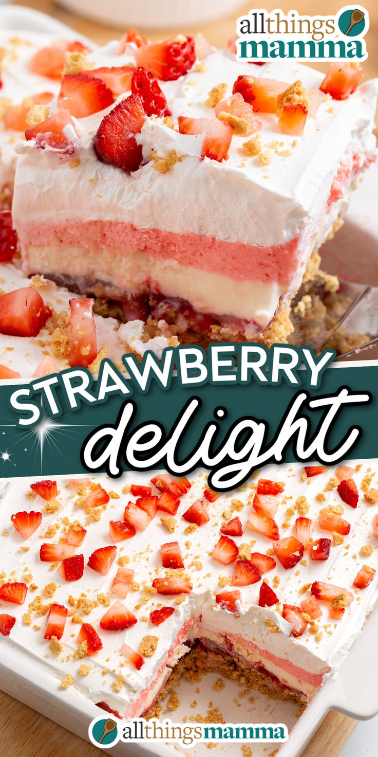 collage image of Strawberry Delight. Strawberry Graham Cracker Cake, Strawberry Cool Whip Desserts, Strawberry No Bake Dessert, Strawberry Graham Cracker Dessert, No Bake Strawberry Desserts, Strawberry Delight Recipe, Strawberries Cheesecake, Graham Cracker Dessert, Lush Dessert