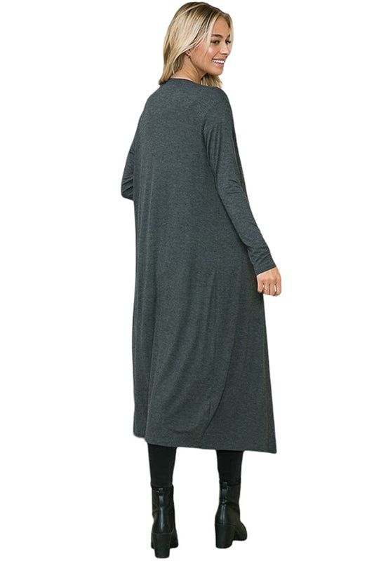 Bring a dash of style to breezy days with this Long Sleeve Solid Maxi Cardigan from Iconic Luxe. Tailored in a regular fit with a length that hits at the knees, this long-sleeve cardigan is crafted from a lightweight fabric for a cozy feel. Designed in a solid hue, you can layer the cardigan over tops or dresses for versatile styling options. 95% Rayon, 5% Spandex Made in the USA Pull On closure Features: open front, long sleeves, midi length, lightweight fabric Suit for: work, casual, everyday wear, date night, movie night, brunch, farmers market, vacation, traveling, beach, barbeque party, coffee date, school Season: spring, summer, fall, winter Model is 5’7” and wearing size Small. Hand wash cold. Do not bleach. Hang to dry. Gray Long Sleeve Spring Cardigan, Gray Long Sleeve Cardigan For Spring, Versatile Solid Color Long Sleeve Cardigan, Gray Long Sleeve Cardigan For Layering, Versatile Long Sleeve Solid Cardigan, Versatile Solid Long Sleeve Cardigan, Versatile Long Sleeve Cardigan For Loungewear, Long Sleeve Loungewear Cardigan, Fall Long Sleeve Loungewear Cardigan