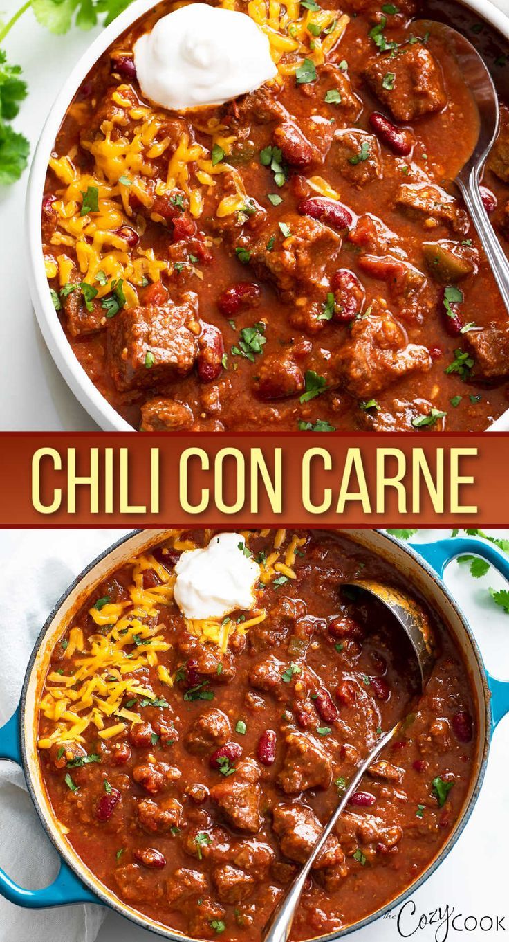 Chili Con Carne with chunks of beef, beans, and chili sauce, topped with shredded cheese Chili With Stew Meat, No Meat Chili Recipe, Homemade Chili Beans, Stew Beef Chili, Chilli Con Carne Recipe, Chili Con Carne Recipe, Carne Recipe, Homemade Chili Recipe, Con Carne Recipe