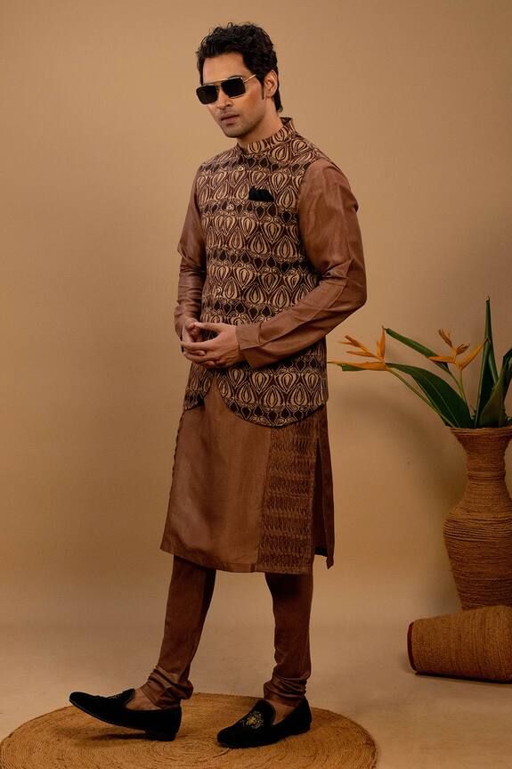 Brown kurta with pintucks detail. Paired with a brown printed bundi jacket with a curved hem and churidar. - Aza Fashions Kurta Set Men, Kurta Set For Men, Nehru Jacket, Brown Silk, Fashion App, Churidar, Kurta Set, Pin Tucks, Aza Fashion