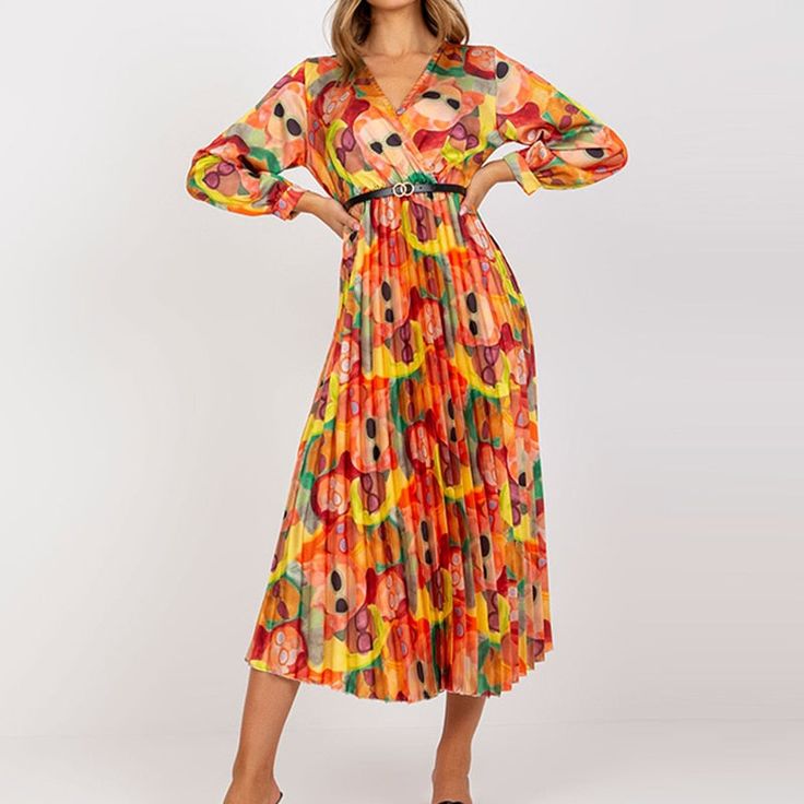 Bloom in elegance with this vibrant floral midi dress! Its playful pleats and flattering V-neck design exude sophistication, perfect for those summer soirees. Feel fabulous and free in this joyful ensemble that's as stylish as it is comfortable. V-neck Floral Print Dress For Cocktail, Vibrant Print V-neck Midi Dress For Party, Vibrant V-neck Maxi Dress For Spring, Spring Floral V-neck Dress With Vibrant Print, Spring V-neck Midi Dress With Pleated Waist, Pleated V-neck Maxi Dress For Brunch, V-neck Pleated Maxi Dress For Brunch, Summer Cocktail Dress With Pleated Skirt, Summer Long Sleeve Maxi Dress With Pleated Waist