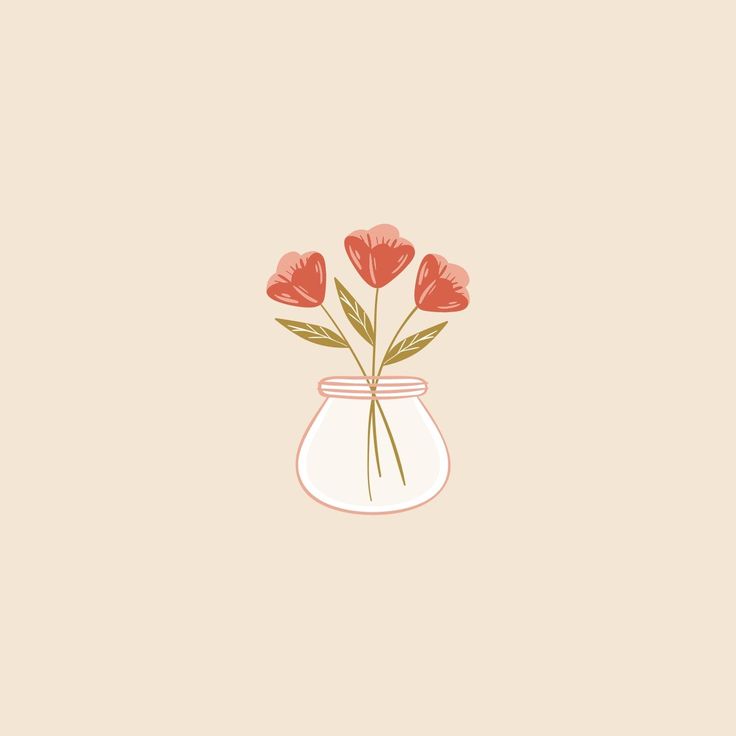 three red flowers in a vase on a beige background