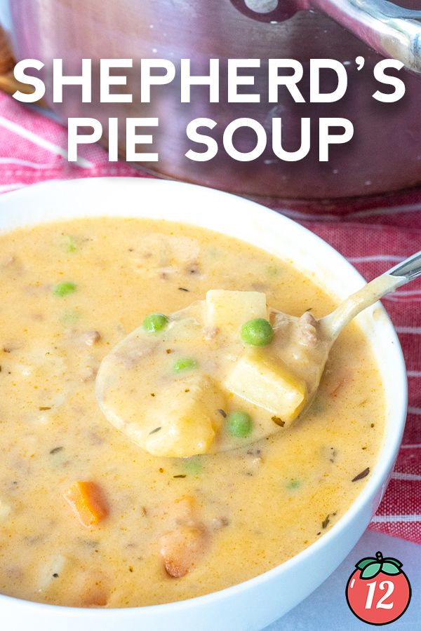 a bowl of shepherd's pie soup with a spoon in it and the title overlay reads shepherd's pie soup