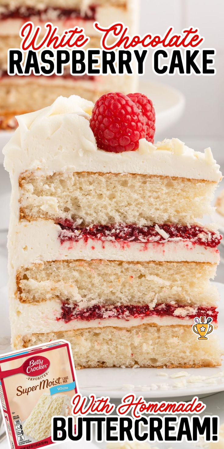 a slice of raspberry cake on a plate with the words white chocolate raspberry cake