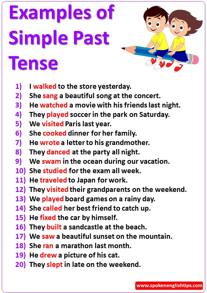 the examples of simple past tense for kids to use in their writing and reading skills