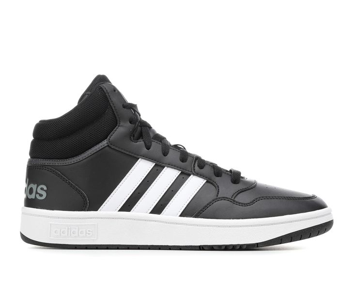 Combination leather and synthetic upper, Mid-top design with padded collar and fabric lining, Lace-up closure for a custom fit, Classic round toe with stitching details, Absorbent fabric lined insole, Durable rubber midsole and outsole with traction pattern, adidas® iconic three stripe details and branding | Men's Adidas Hoops 3.0 Mid Sneakers in Black/WHITE Size 9.5 Medium Adidas Mid-top Synthetic Basketball Shoes, Adidas High-top Sneakers With Abzorb Midsole For Light Sports, Adidas High-top Sneakers With Boost Midsole For Sports, Adidas Sporty High-top Basketball Shoes, Adidas Sneakers With Boost Midsole For Sports Season, Adidas High-top Basketball Shoes, Adidas Synthetic High-top Sneakers For Sports, Adidas High-top Synthetic Sneakers For Sports, Adidas Mid-top Basketball Shoes For Streetwear