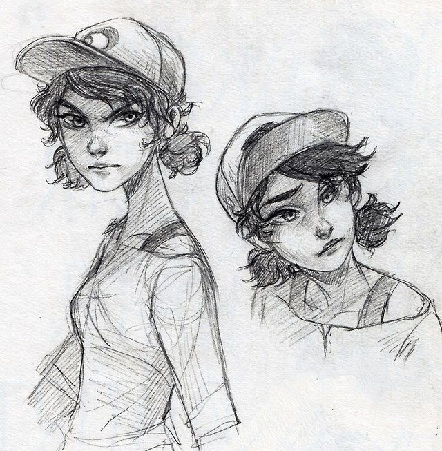 two drawings of women with hats on their heads, one is looking at the camera