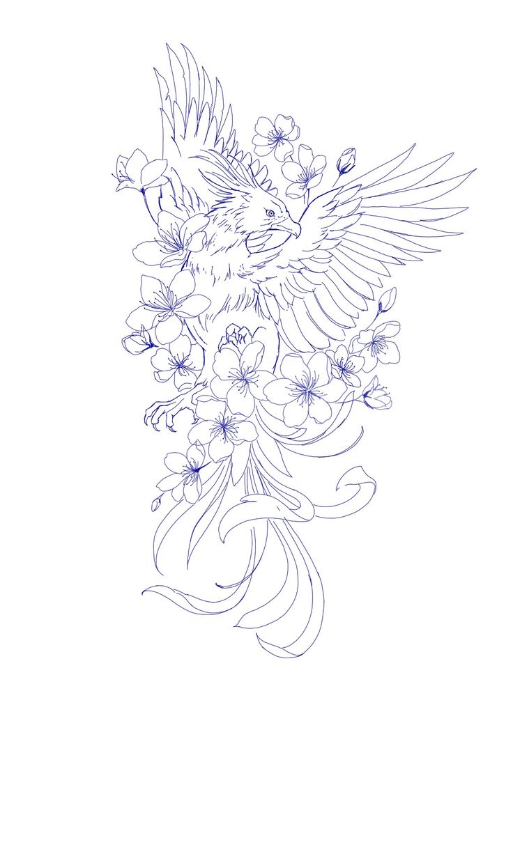 a drawing of a bird with flowers in it's beak and its wings spread out