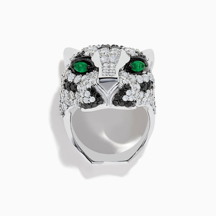 Effy Signature Panther Head 14K White Gold Diamond & Emerald Ring Platinum Emerald Ring In White Gold, Luxury Cluster Ring With Polished Finish, Luxury Multi-stone Emerald Platinum Ring, Luxury Hallmarked Platinum Cluster Ring, Luxury Multi-stone Emerald Ring With Diamonds, Luxury Multi-stone White Gold Diamond Ring, Luxury Multi-stone Diamond Ring In White Gold, Luxury White Gold Multi-stone Diamond Ring, Luxury Vvs Clarity Emerald Ring In 14k White Gold