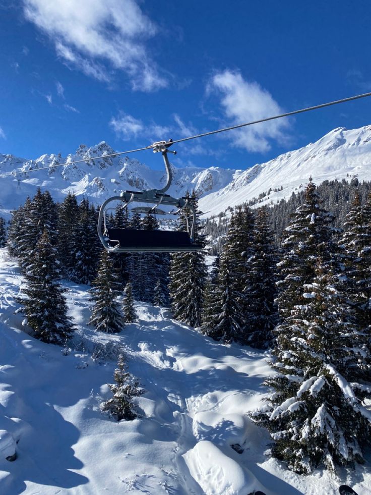 a ski lift going up the side of a snow covered mountain with pine trees on both sides