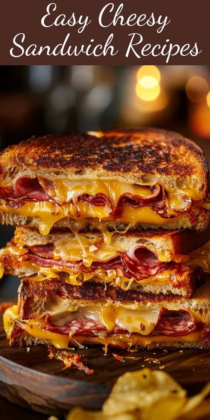 two grilled cheese sandwiches stacked on top of each other with the words, easy cheesy sandwich recipes