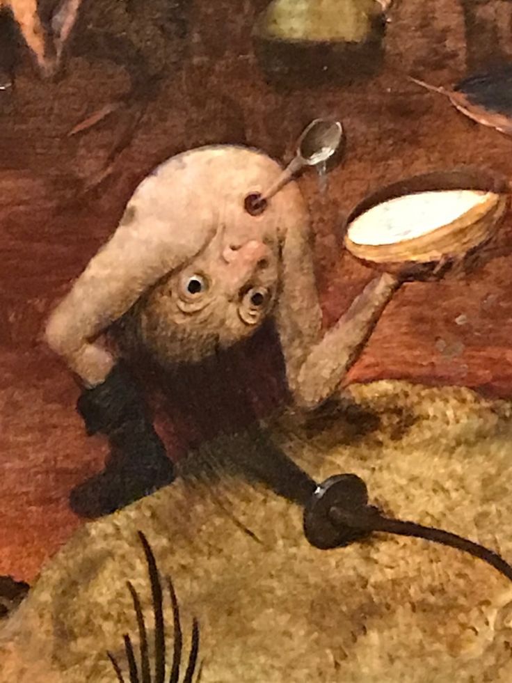 a painting of a man with spoons in his hand and another person holding a plate