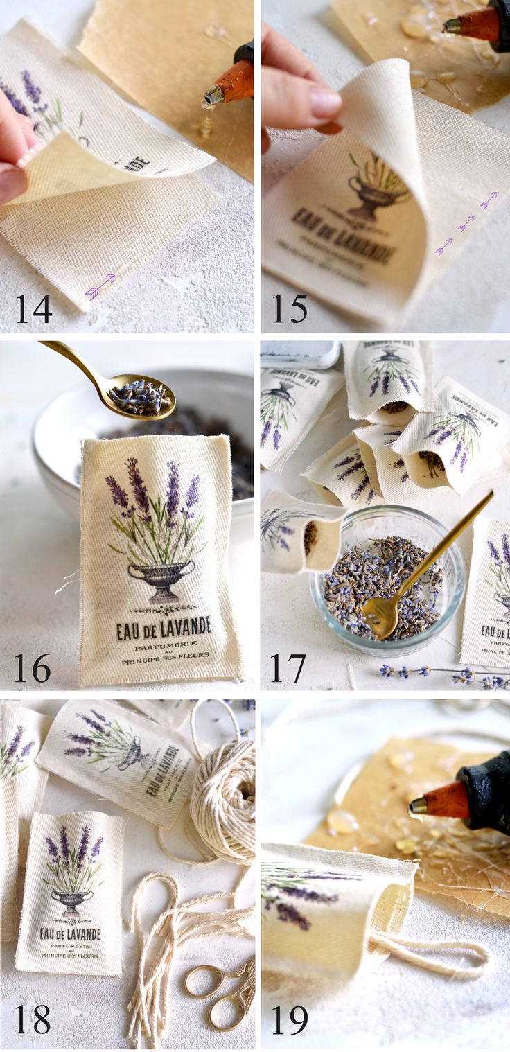 instructions to make lavender tea bags with cotton twine and paper tags for the top