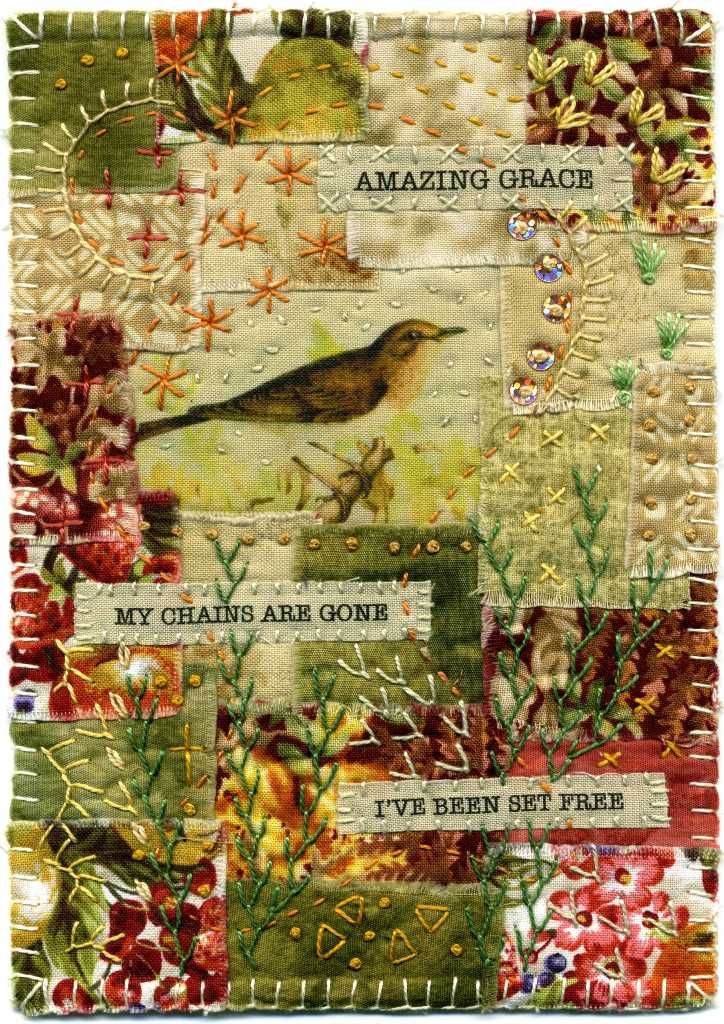 a patchwork quilt with an image of a bird on the front and words that read amazing grace, my chains are gone