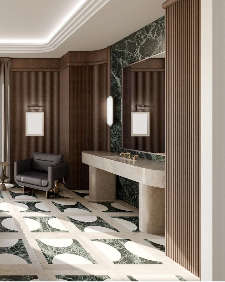 an elegant bathroom with marble floors and walls