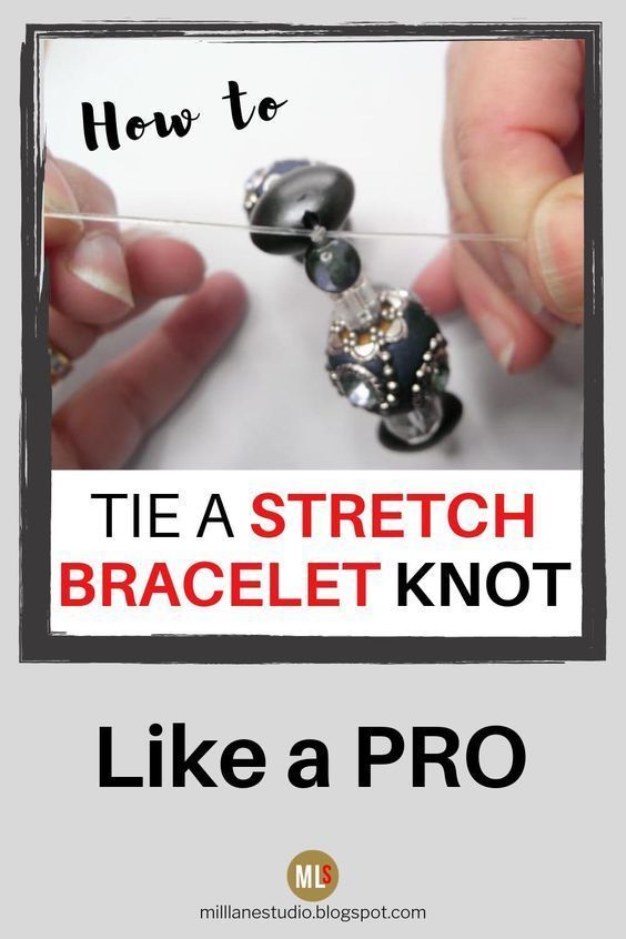 a hand holding a piece of jewelry with the words how to tie a stretch bracelet knot like a pro