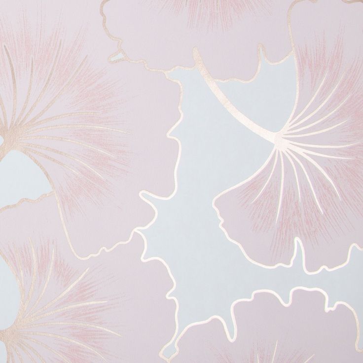 a pink and white wallpaper with large leaves on the top right hand corner in front of it