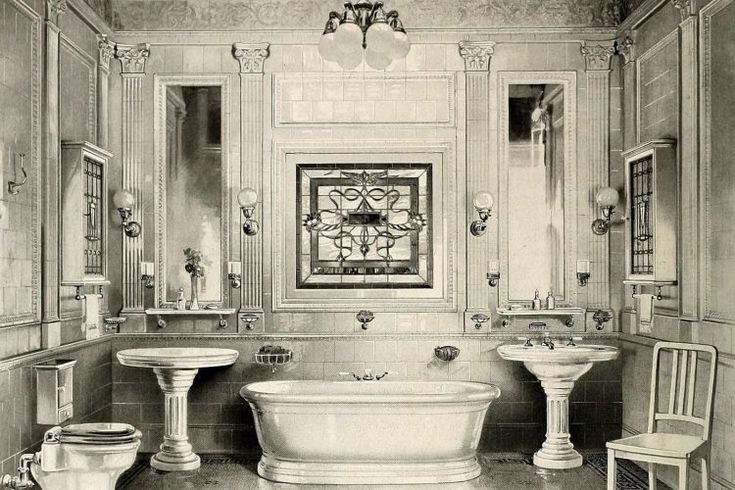 a drawing of a bathroom with two sinks and a bathtub in the middle of the room