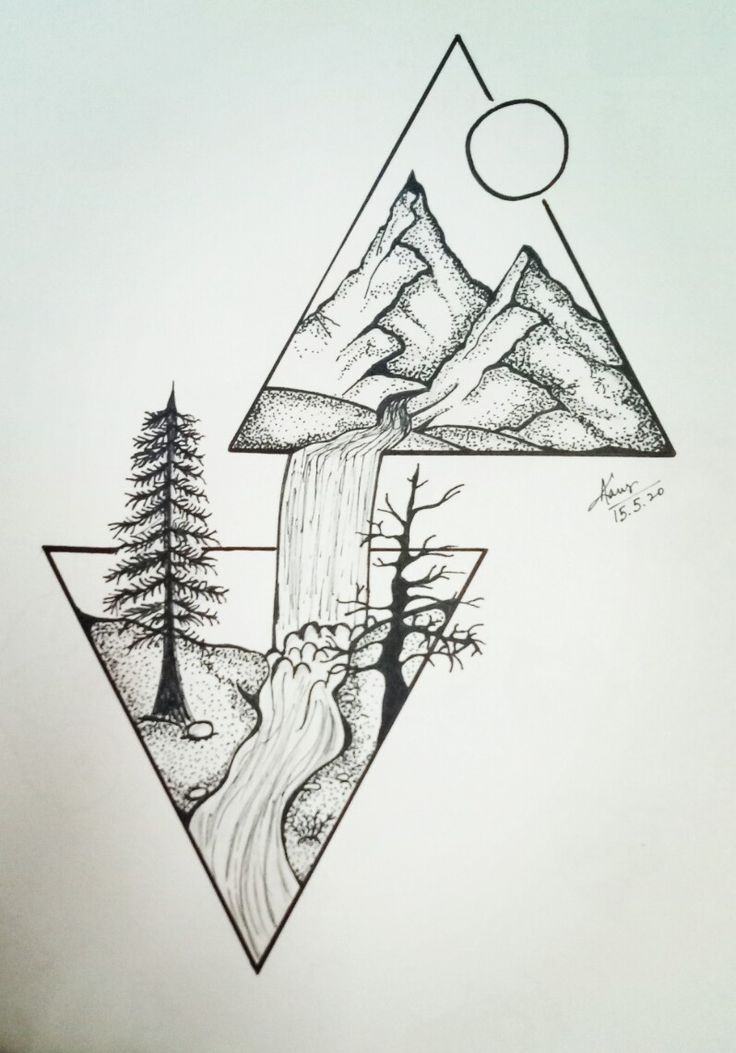 a drawing of mountains, trees and a stream