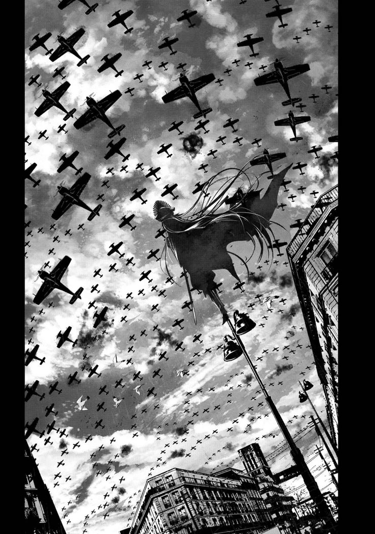 black and white photograph of an air filled sky with many airplanes flying in the sky