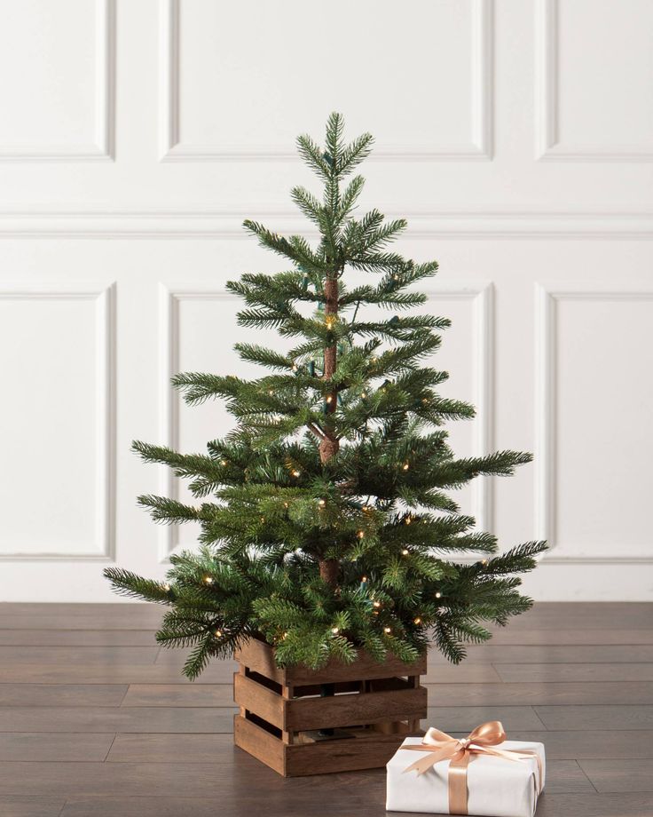 a small christmas tree sitting on top of a wooden crate next to a present box