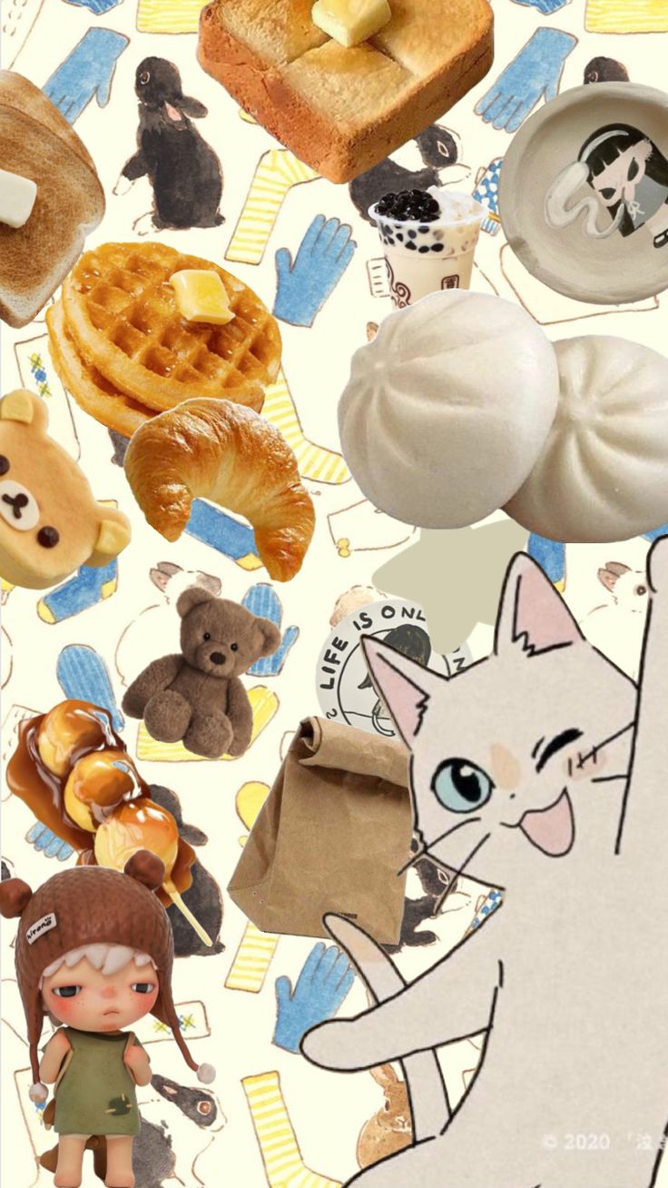 a bunch of food that is laying on a tablecloth with animals and other things around it