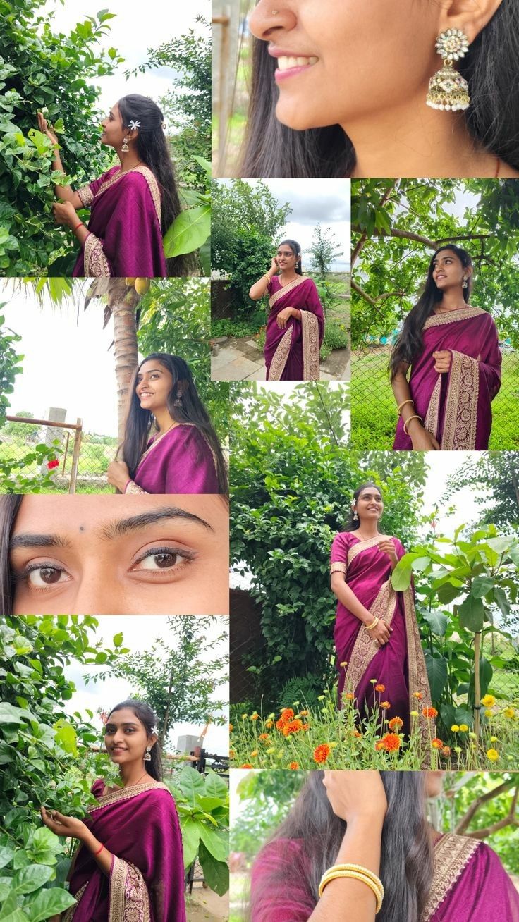 a woman in a purple sari posing for the camera