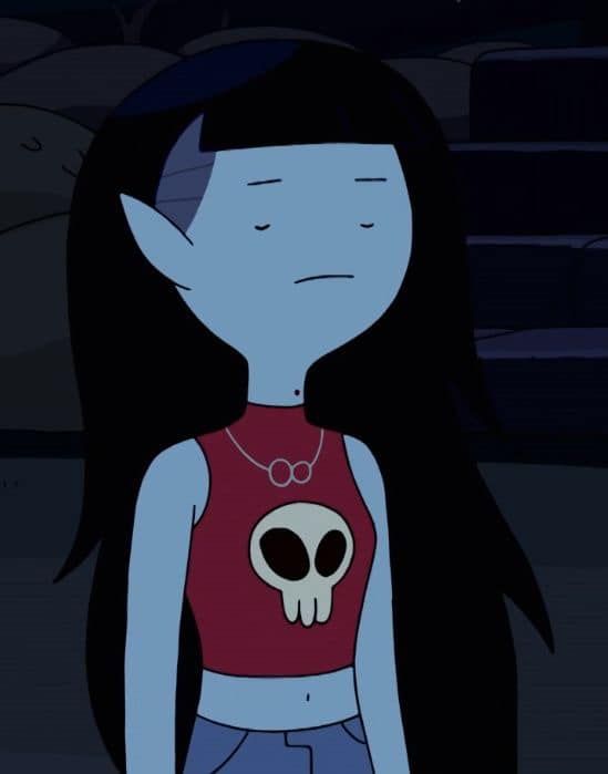 a cartoon character with long black hair wearing a red shirt