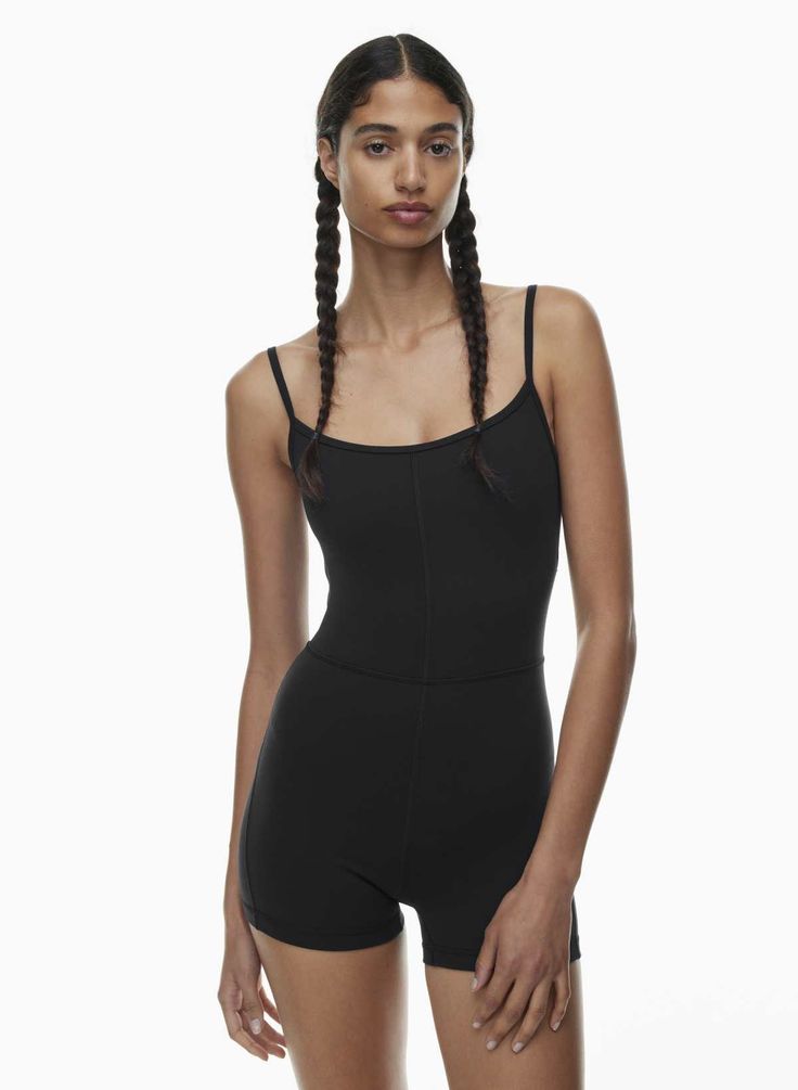 LIFE DIVINITY 3" ROMPER | Aritzia Fitted Bodysuit With Built-in Bra For Loungewear, Fitted Sleeveless Unitard With Built-in Bra, Fitted Leotard With Built-in Bra For Yoga, Fitted Bodysuit With Spaghetti Straps For Loungewear, Fitted Black Summer Unitard, Summer Fitted Black Unitard, Fitted Black Unitard For Summer, Summer Black Fitted Unitard, Fitted Backless Bodysuit For Yoga