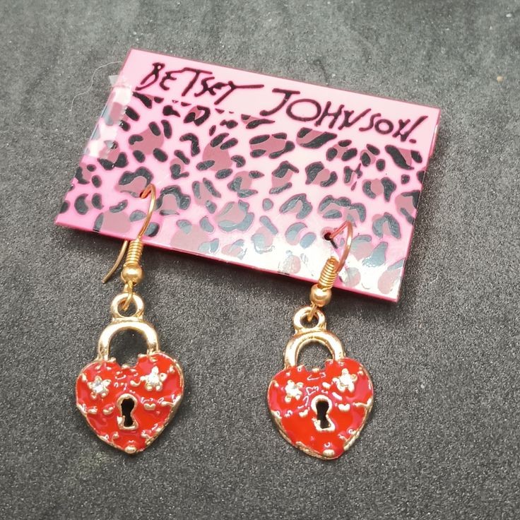 Earrings In The Shape Of Red Heart-Shaped Locks. Betsey Johnson Tag. Red Heart Charm Metal Earrings, Red Metal Heart Earrings For Party, Red Heart-shaped Metal Earrings, Trendy Red Dangle Heart Earrings, Red Heart Charm Earrings For Party, Walpaper Hello Kitty, Black Hoops Earrings, Cocktail Earrings, Spider Earrings