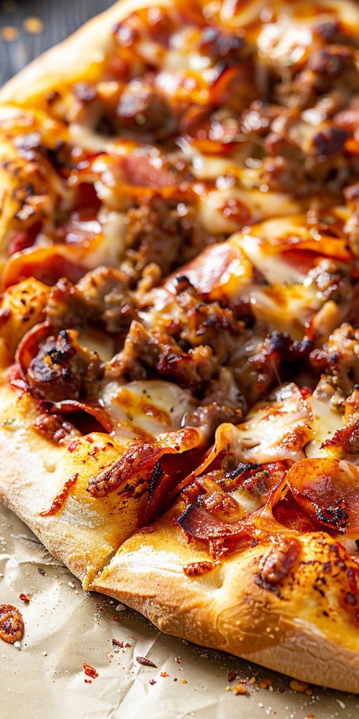 a pizza sitting on top of a pan covered in cheese and meat toppings,