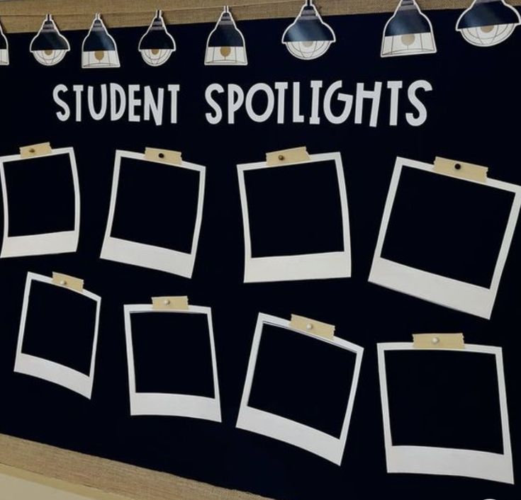 a bulletin board with several pictures hanging on it's sides and the words student spotlights above them