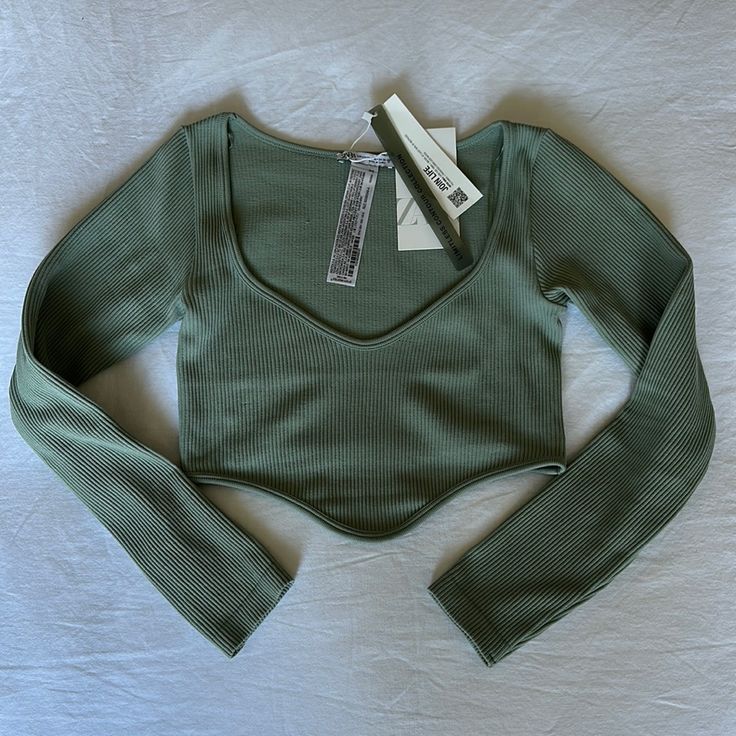 Brand New With Tags. Ribbed Sage Green Top. Super Soft Stretchy Material. Super Flattering Sage Green Top, Black And White Tees, Denim Crop Top, Sequin Crop Top, Zara Crop Top, Zara Top, Ribbed Crop Top, Green Top, Lace Crop Tops