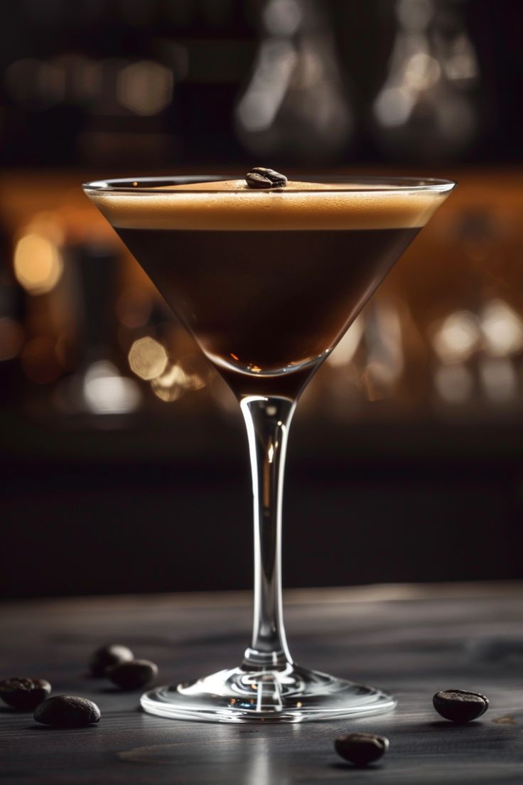 a glass filled with liquid sitting on top of a table next to some coffee beans