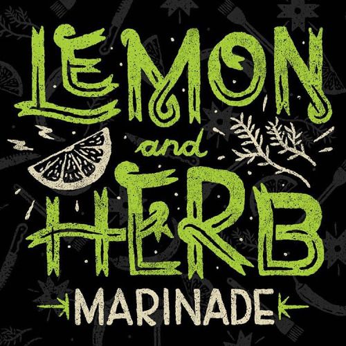 lemon and herb marinade on a black background with green lettering that reads lemon and herb marinade