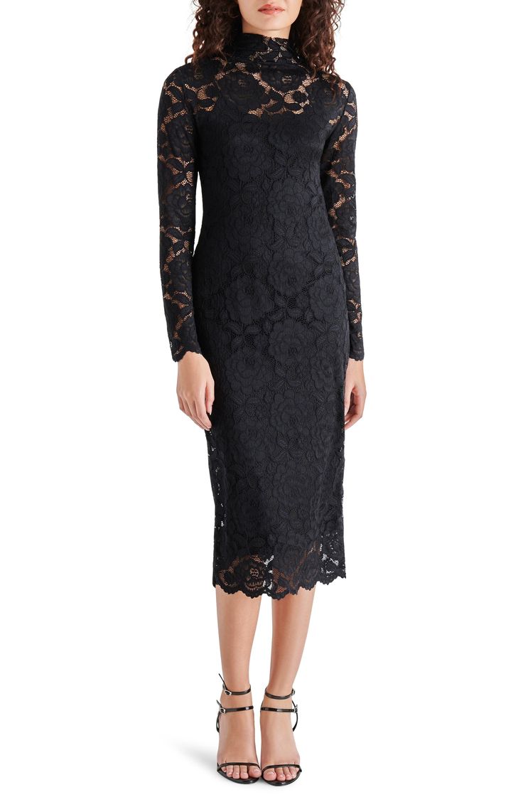 A long-sleeve dress crafted from lace bursting with roses adds a dose of sweetness to your ensemble. Mock neck Long sleeves Partially lined 100% nylon Hand wash, dry flat Imported Model stats: 5'10" height, 41" bust, 36" waist, 48" hip. Formal Long Sleeve Lace Dress, Chic Long Sleeve Lace Dress For Formal Events, Chic Long Sleeve Lace Dress For Formal Occasions, Long Sleeve Scalloped Lace Dress, Formal Long Sleeve Lace Dress With Scalloped Lace, Long Sleeve Scalloped Lace Dresses For Date Night, Chic Long Sleeve Lace Evening Dress, Chic Long Sleeve Lace Dress For Date Night, Long Sleeve Lace Dress For Date Night