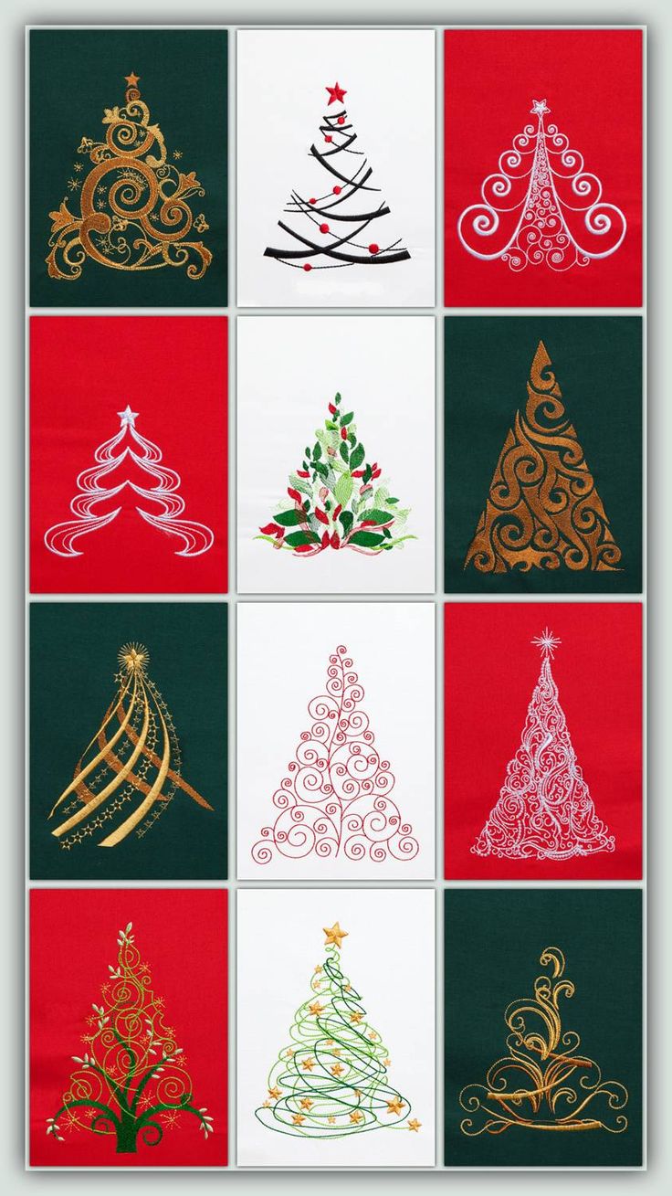 twelve christmas trees in different colors and designs on red, black, green, white and gold