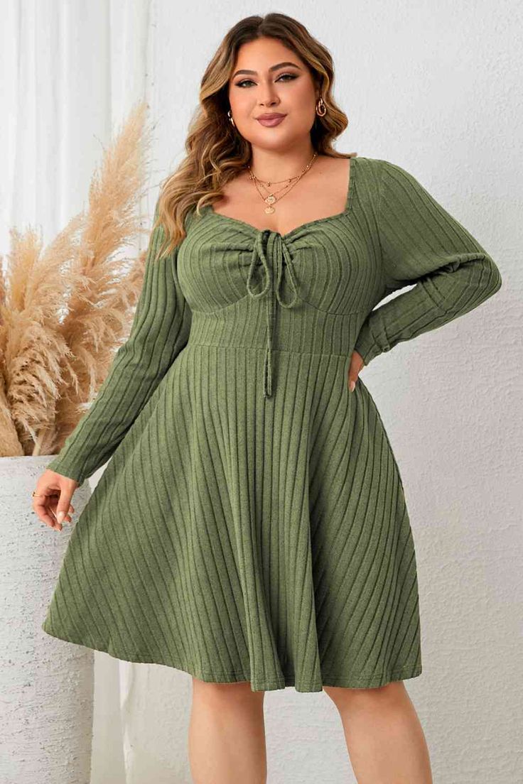 Features: Tied Sheer: Opaque Stretch: Slightly stretchy Body: Not lined Material composition: 95% polyester, 5% elastane Care instructions: Machine wash cold. Tumble dry low. Imported Product measurements: 1XL: front length 37.8 in, shoulder 16 in, bust 39 in, waist 32.8 in, sleeve length 23.6 in, hip 47.6 in2XL: front Long Sleeve Ribbed Dress, Sukienki Plus Size, Look Plus Size, Ribbed Dress, Sweetheart Dress, Matcha Green, Maxi Dress Formal, Curvy Dress, Ribbed Dresses