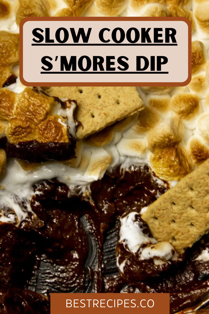 a close up of food with the words slow cooker s'mores dip