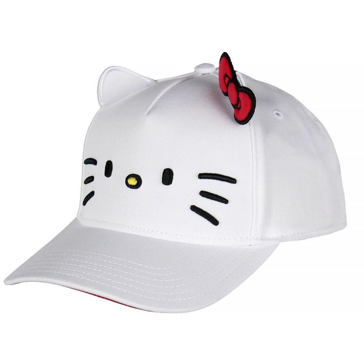 Show your love for Hello Kitty with this adorable, snapback hat. This white hat features the Hello Kitty face embroidered on the front with her sweet whiskers and charming expression. But that is not all; this snapback hat also boasts 3D ears and her amazing red bow, adding an extra dimension to your style. Constructed with great materials, this Hello Kitty Snapback Hat is stylish and comfortable to wear. The adjustable snapback closure ensures a secure and customizable fit for various head size Trendy White Flat Bill Baseball Cap, Cute White Baseball Cap With Curved Brim, Cute White Curved Brim Baseball Cap, Playful White Snapback Trucker Hat, Playful White Trucker Hat, White Adjustable Kawaii Hat, Cute White Snapback Hat With Curved Brim, White Novelty Adjustable Baseball Cap, White Novelty Snapback Hat With Curved Brim