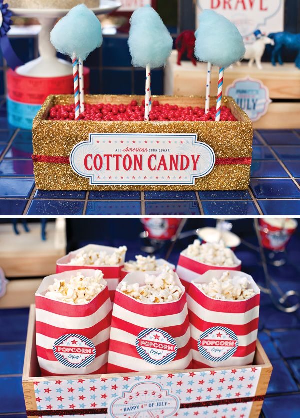 red, white and blue party with popcorn