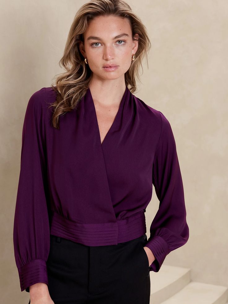 Pleated Wrap Blouse | Banana Republic Factory Elegant V-neck Wrap Top For Work, Chic Belted V-neck Top, Elegant Wrap Blouse For Work, Belted Long Sleeve Blouse For Work, Chic Long Sleeve Belted Blouse, Elegant Faux Wrap Blouse For Workwear, Chic Long Sleeve Belted Tops, Formal Wrap Blouse, Elegant V-neck Faux Wrap Blouse