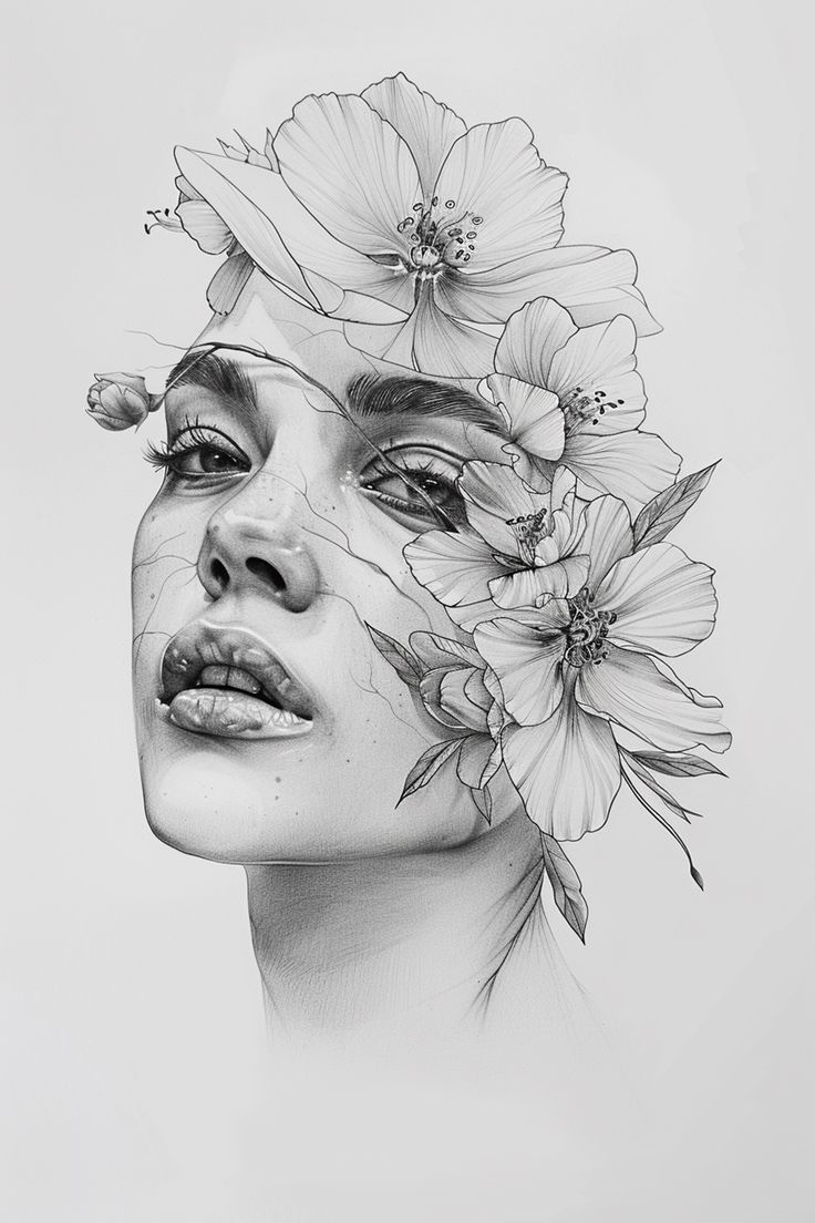 a drawing of a woman with flowers on her head and face, in black and white