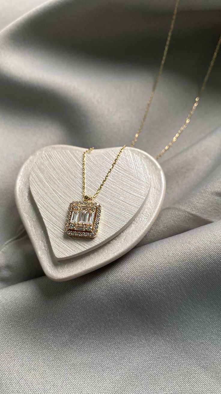 "ITEM DETAILS ❆All our jewelry are hand made with Love. ❆Material: 14K Gold ( 585). ❆Available colors: Gold, Rose Gold, White Gold. ❆Available Sizes: Look Size Option (Contact for different sizes) ❆Each item is made to order ❆ DO YOU LIKE THIS NECKLACE? ❆ You can get more information about it below but if you have any questions, just click the \"Message Sergen Vural \" button and I will be very happy to hear from you ☺ PACKAGING ❆Comes ready to gift in a beautiful jewelry box. ❆It comes with a s Luxury Baguette Necklace For Formal Occasions, Luxury Baguette Diamond Necklace For Party, Yellow Gold Baguette Cut Cubic Zirconia Necklace, Luxury Rectangular Pendant Necklace For Wedding, Gold Necklaces With Baguette Diamonds, Gold Diamond Necklace With Baguette Cut And Diamond Accents, Gold Baguette Cut Diamond Necklace With Accents, Gold Diamond Rectangular Necklace, Gold Diamond Necklace With Rectangular Shape