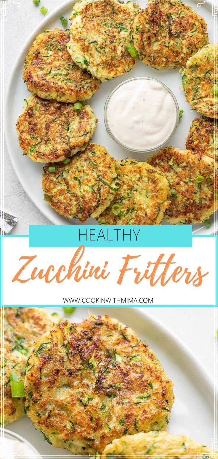 zucchini fritters on a white plate with ranch dip in the middle