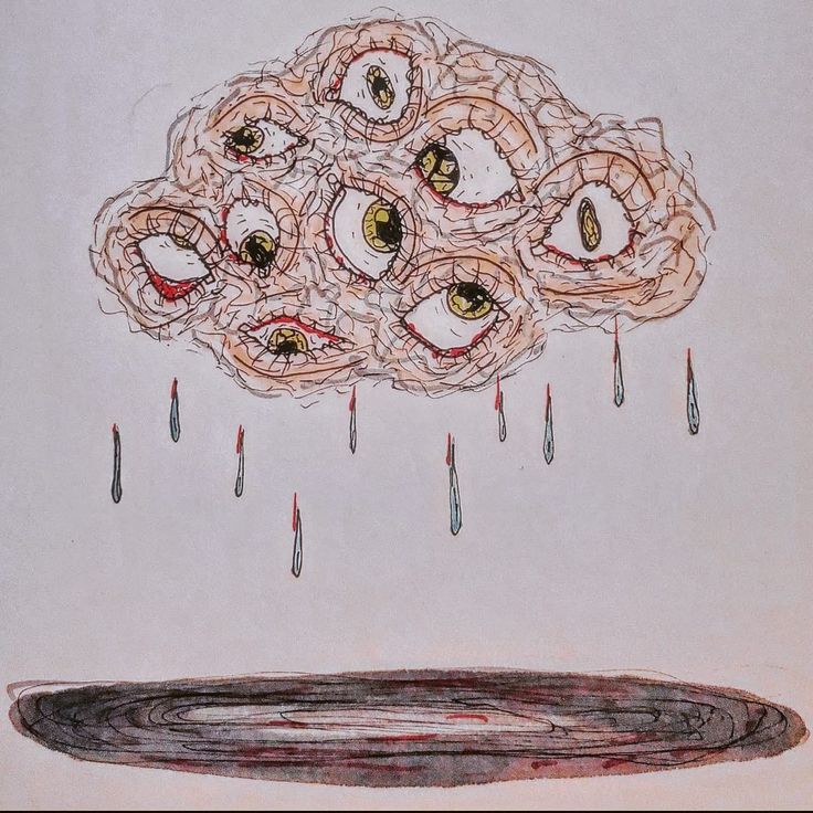 a drawing of an eyeball floating in the air with drops of rain coming from it