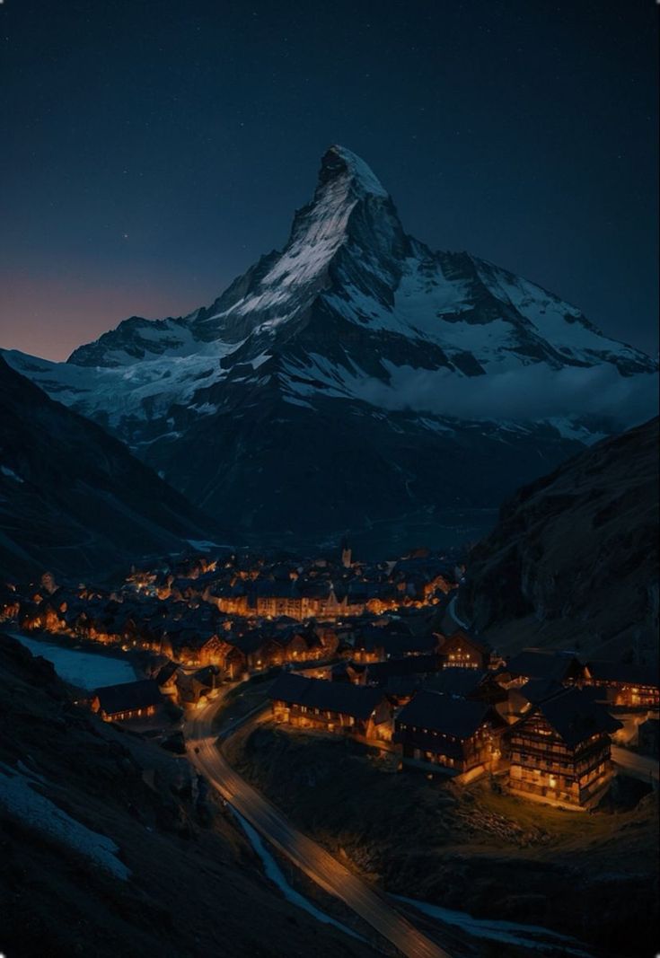 a night view of a town below a snow covered mountain with lights on the top