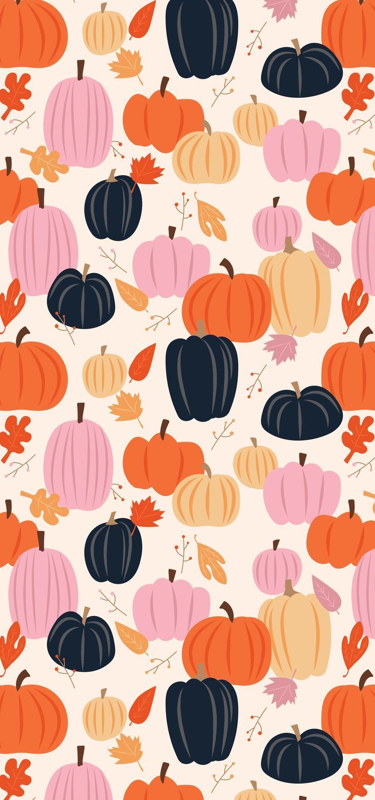 an orange, pink and black pumpkin pattern on a white background with autumn leaves in the foreground