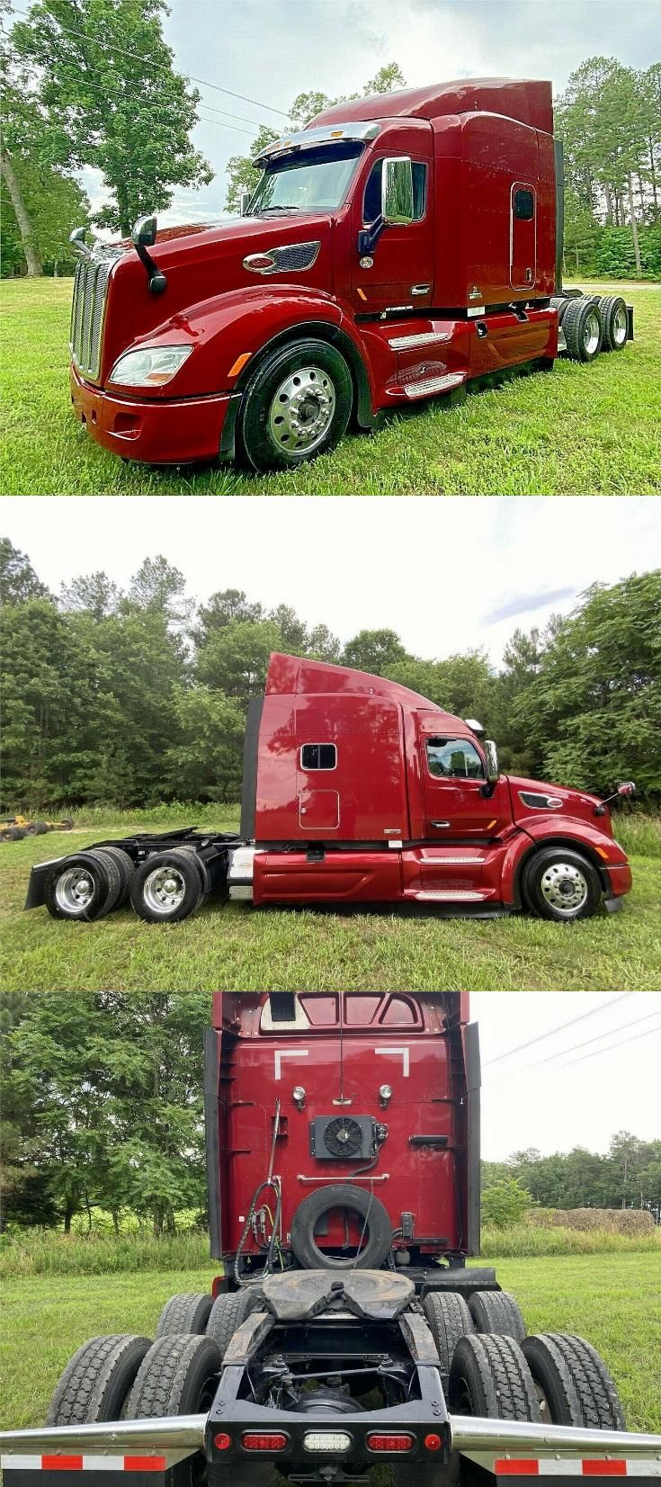 two pictures of the front and back of a red semi - truck in different positions