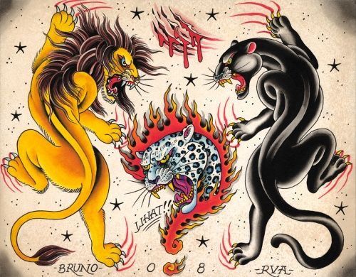 an image of two lions and a tiger on the cover of a tattoo design book